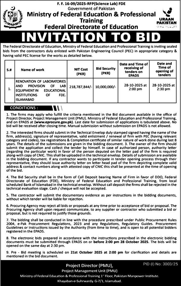 Ministry of Federal Education & Professional Training Tender Notice